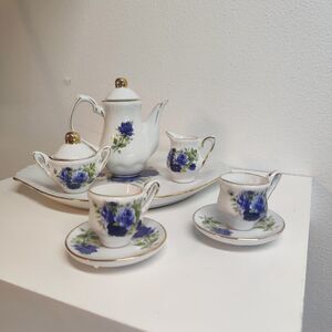 Mini Tea Set 10 Pieces White And Blue Gold Trim With Box